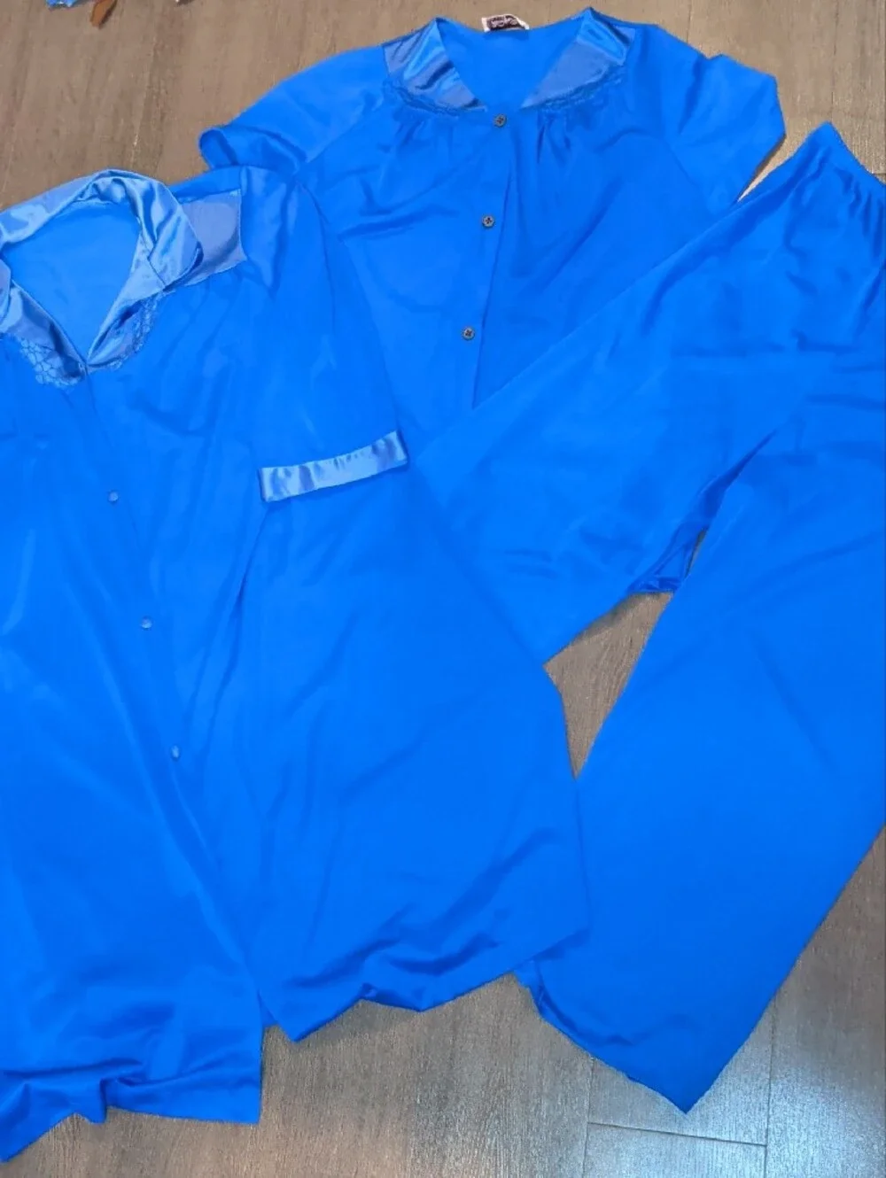 Vintage 60s Vanity Fair Royal Blue Satin 3-Piece Pajama Set w/ Robe SZ M